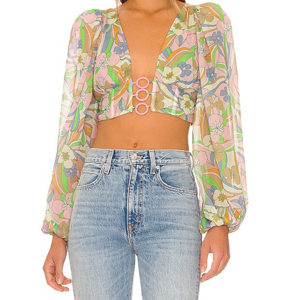 For Love & Lemons Pastel Psychedelic Floral O-Ring Crop Top Medium Long Sleeve